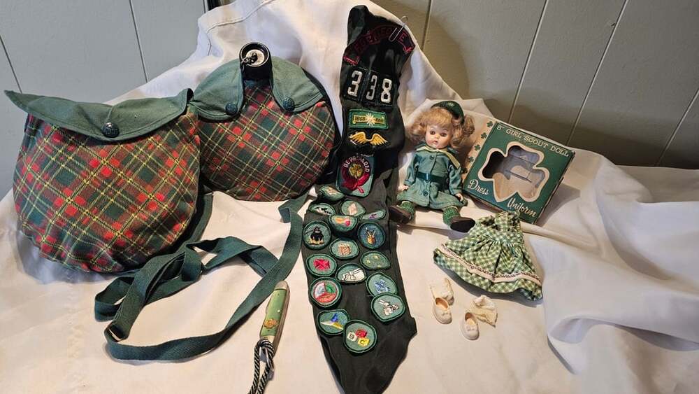 Vintage Girl Scout Camping Mess Kit,Doll,Sash with Badges, and extras